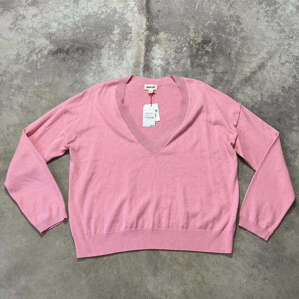 Open Edit Sweater Womens Large Pink Peony Deep V Neck Pullover Casual